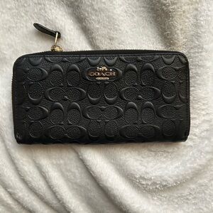 Coach Black Wallet with Textured Leather and Gold Zipper